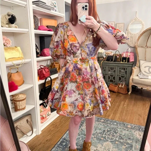 Zimmermann Prima Belted Floral Puff-Sleeve Linen and Silk V-Neck Mini Dress - Picture 4 of 6
